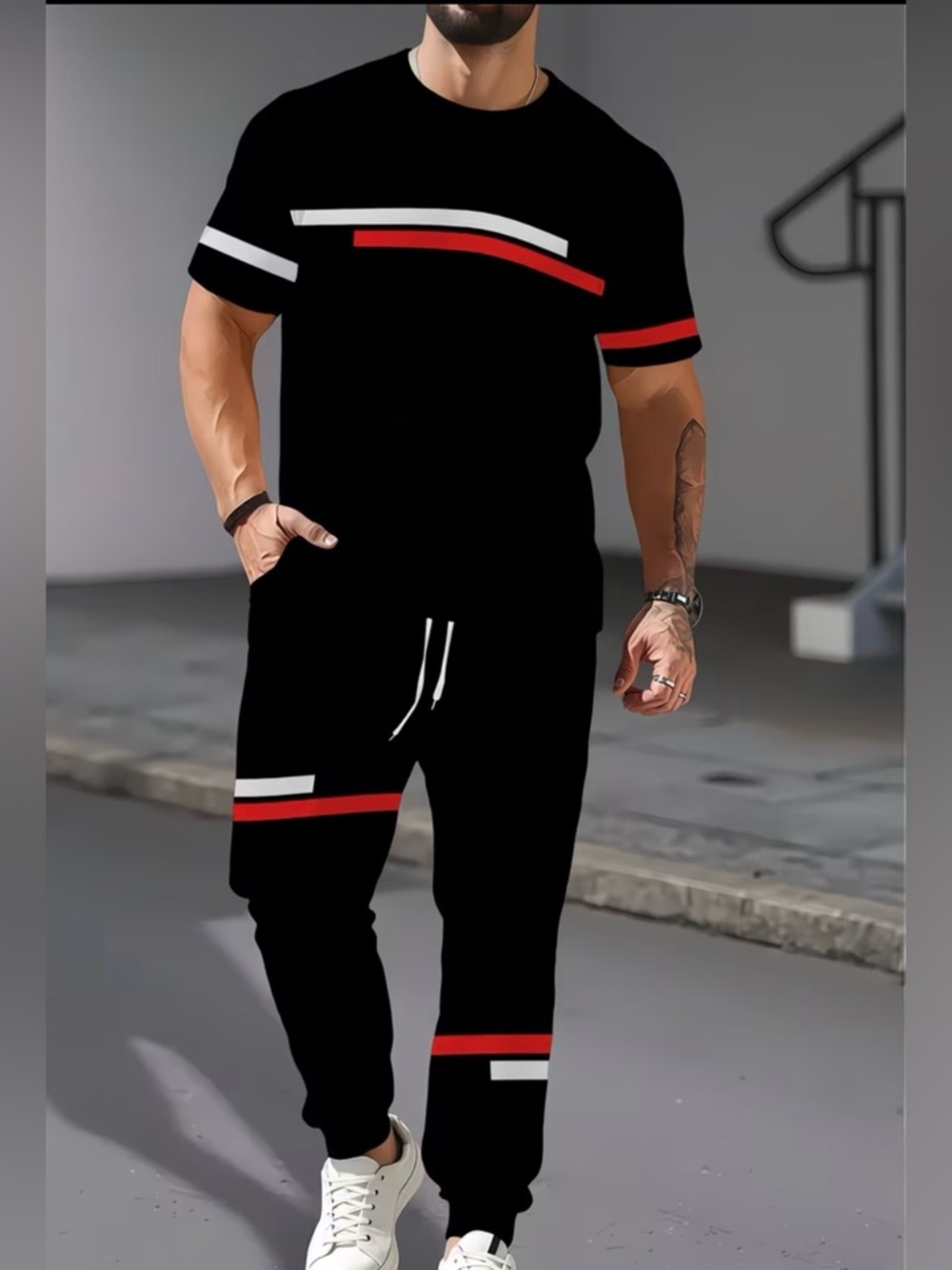 Men's Black Athletic Jogger Pants with Red & White Stripe